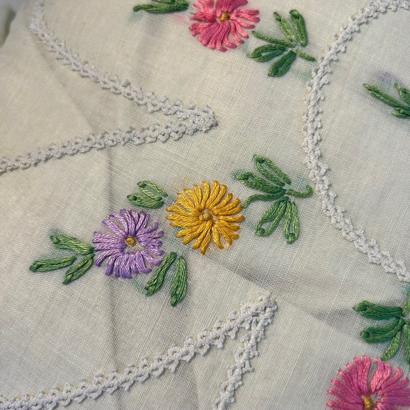 Vintage Handmade Embroidery Ruffle Embellished Pillow 14x14" - Picture 2 of 5